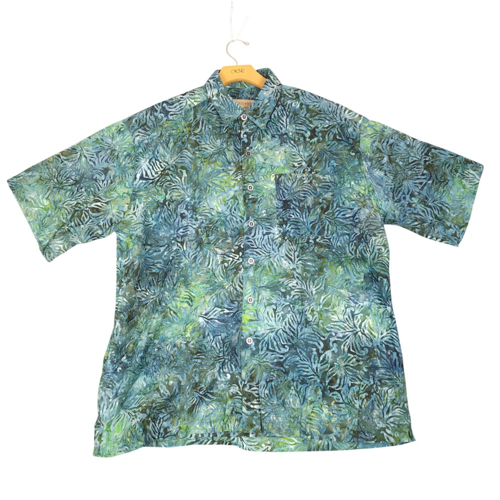 Johari West‎ Mens XL Batik Print Short Sleeve Button Down Shirt Natural Leisure